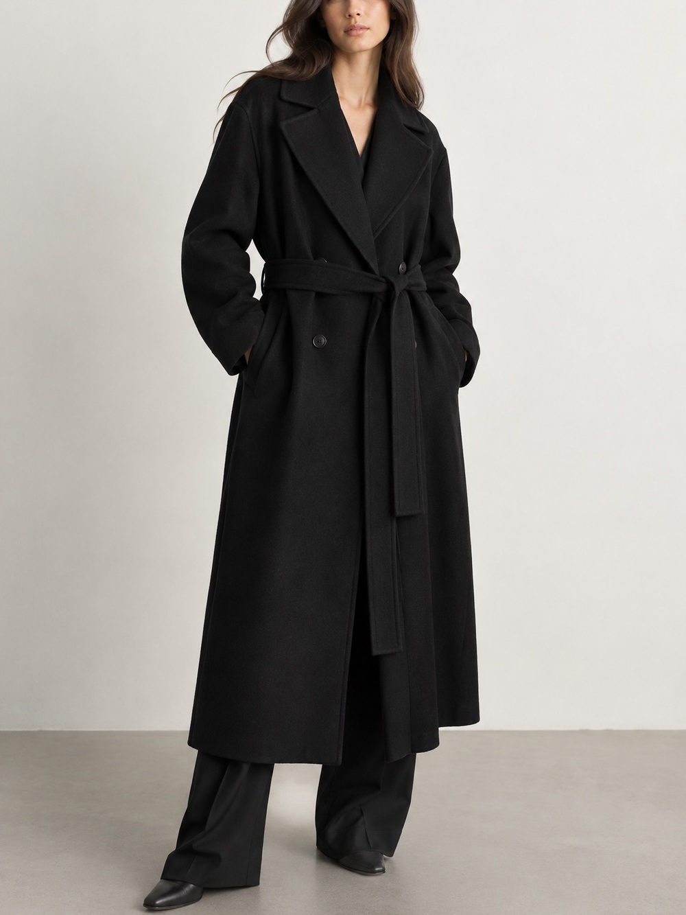 GAP Oversized Wool Coat M Black Double Face Belted Long Double Breasted Winter